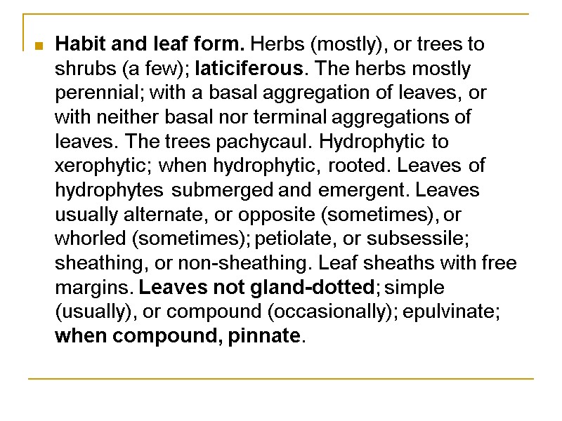 Habit and leaf form. Herbs (mostly), or trees to shrubs (a few); laticiferous. The